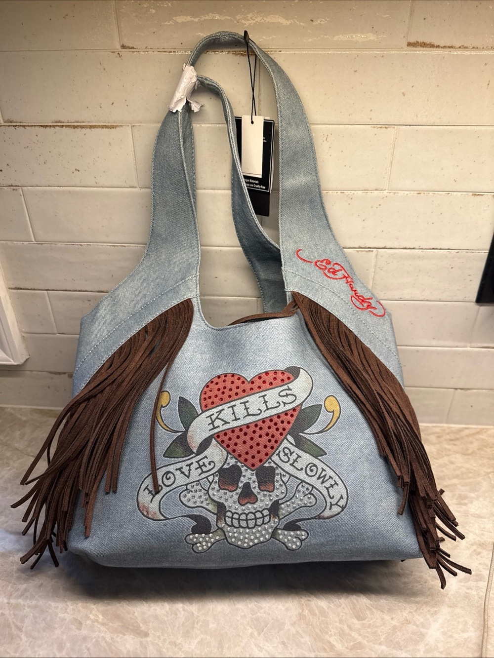 NWT Ed Hardy Love Kills Slowly Denim Front Rhinestone Embellished Shoulder Bag.